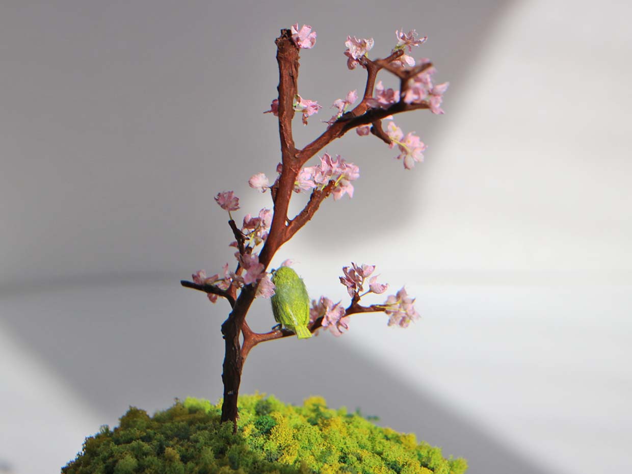 ミニチュアのメジロと桜の木　盆栽